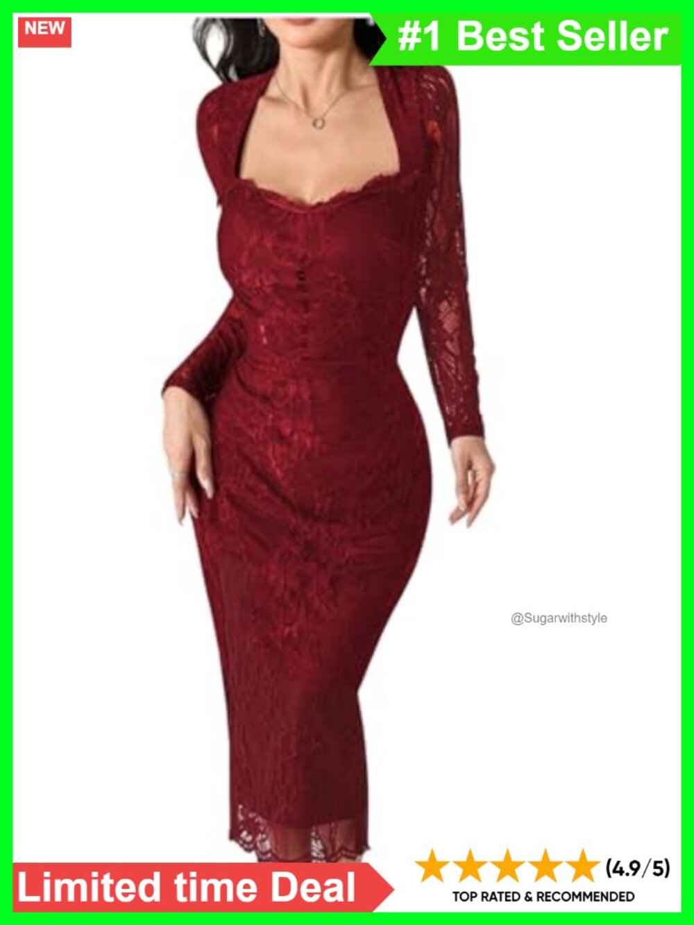 Floral Lace Bodycon Midi Dress Sweetheart Neck Long Sleeve
